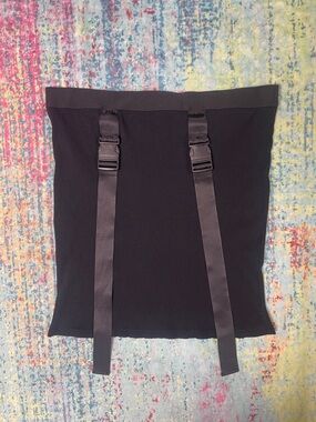 SHEIN Black Ribbed Mini Skirt with Buckle Strap Detail